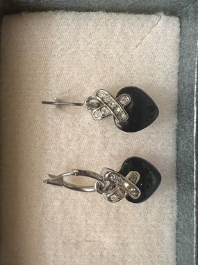 Silver-Tone Black Heart Drop Earrings with Crystal Accents